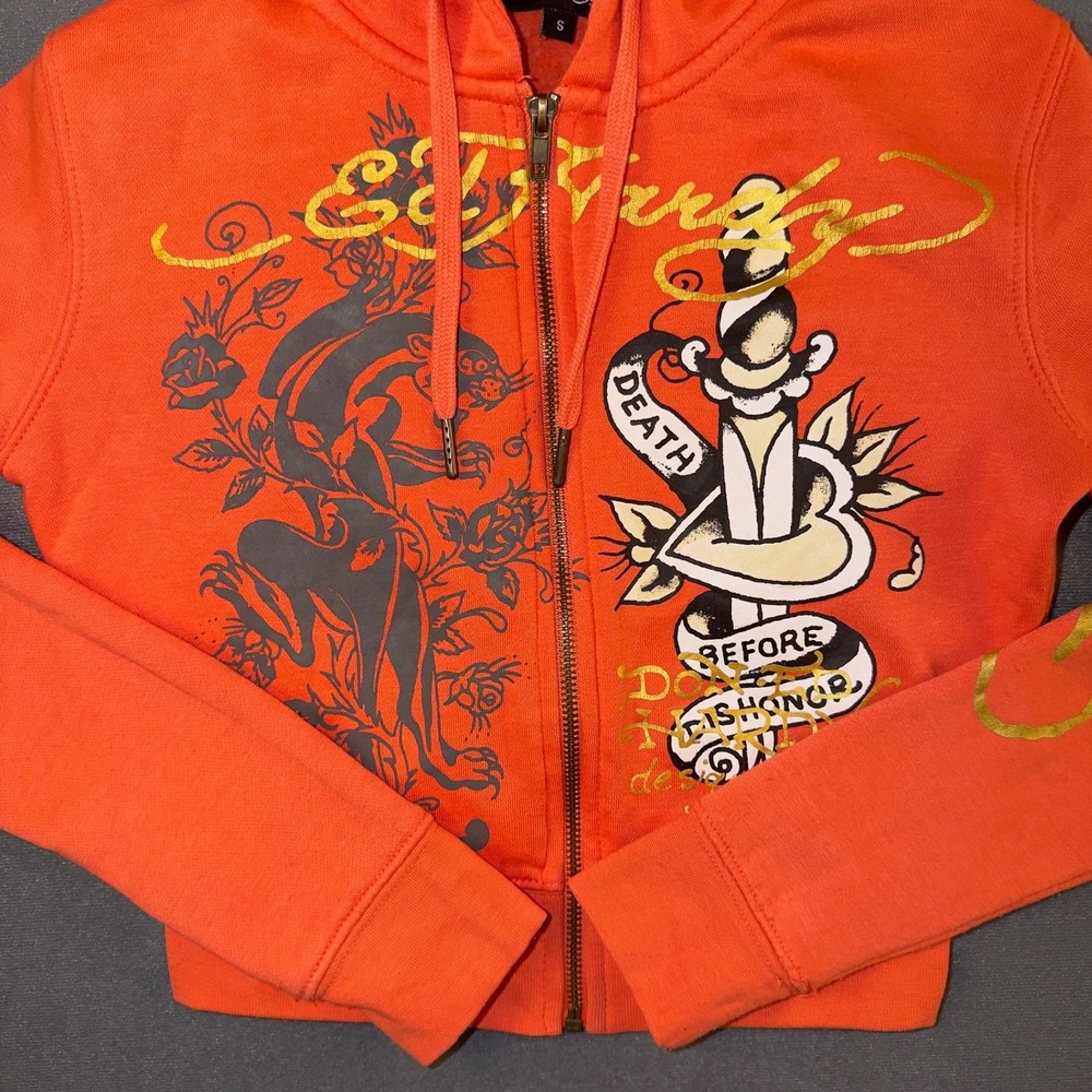 Ed Hardy Womens Orange Panther Dagger Tattoo Graphic Zip Up Hoodie Small Y2K - Picture 2 of 10
